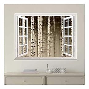 Modern White Window Looking Out Into a Foggy Sepia Forest - Wall Mural, Removable Sticker, Home Decor - 24x32 inches