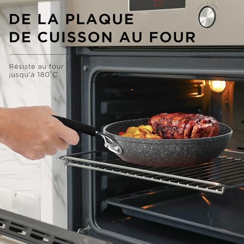 Batterie de casseroles New Petra Dark, casseroles et poêles pour induction et four jusqu'à 180°C, antiadhésives avec manique et cuillère en acier (7 pièces)