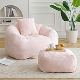Sudwesto Bean Bag Chair for Adults, Faux Fur Upholstered Beanbag Chair with Shell-Shaped Design, Comfy Bean Bag Sofa with Pillow and Footstool, Floor Sofa Chair for Bedroom (Pink)