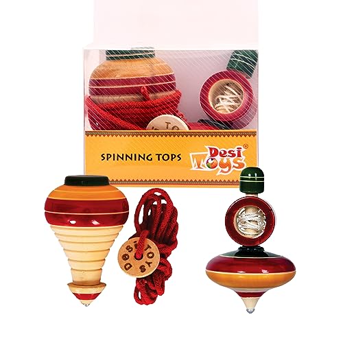 Desi Toys' Wooden Spinning Tops for Kids/Windup Top/Lattu/Bhawra/Bambaram Pack of 2