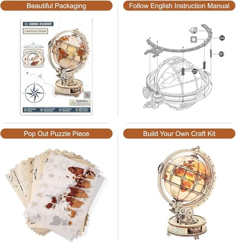 Robotime 3D Wooden Puzzle for Adults – Lighted Rotating Globe Model Kit with LED Light, Mechanical Wooden Building Set, DIY Craft Gift for Men & Puzzle Lovers