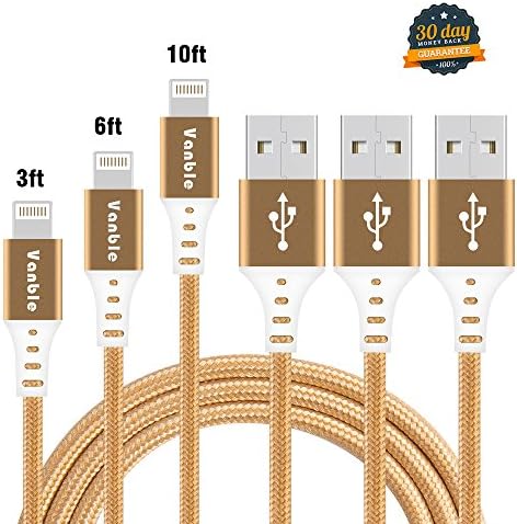 Vanble iPhone Cable, 3 Pcs 3FT+6FT+10FT Nylon Braided Lightning Cable Fast Sync Charging Cord Cable for iPhone 7, 7Plus, 6s, 6, 6Plus, 6sPlus, iPhone 5s 5 5c, iPad, iPod and More (Gold)