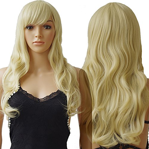 S-noilite 19 inch (58cm) Curly Synthetic Hair Wigs for Women Real Natural Heat Resistant Costume Cosplay Full Wig Glueless Bleach Blonde