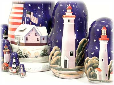 Golden Cockerel Made in Russia Lighthouses in The Night Nesting Doll 7pc/ 8” aka North American Lighthouses Collectible Babushka Russian Doll 100% Guaranteed!