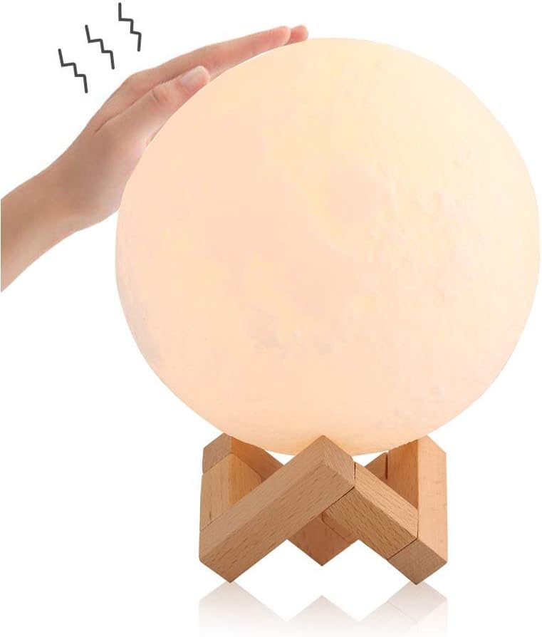 Chriskopher Unique Rechargeable 3D Print Moon Lamp with Wooden Stand Touch Control Brightness USB Charging Lights LED…