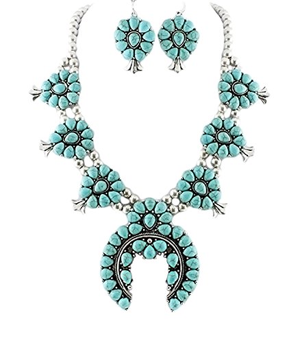 ARIS Southwestern Navajo Tribal Squash Blossom Necklace Bundle: Necklace, Earrings & Bag (Turq Silvertone)