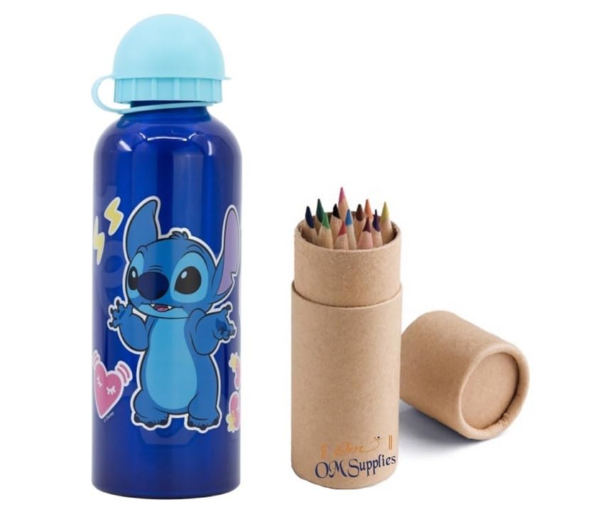 OM SUPPLIES Stitch Characters Aluminium Sports Bottle 530ml - Holiday, Back to School Water Drinking Kids Lunch Children Includes Half Size 12pcs (Stitch)