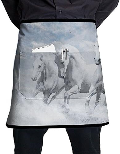 Running White Hores 2 Pockets Waist Apron With Pen Holder Half Waterproof Apron For Severs,Bartenders,Cooking,Crafts