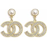 Pearl Drop Earrings with Crystal Embellished Letters Logo, Gold Tone, Dangle Style