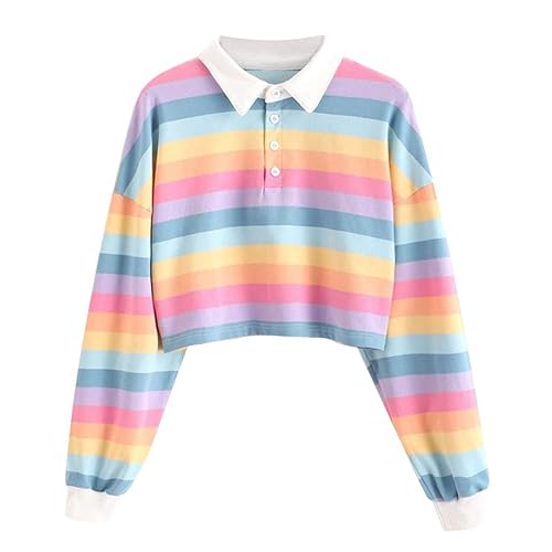 Striped Crop Tops for Women Collar Half Button Long Sleeve