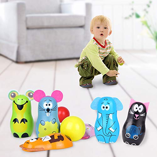 Portzon Bowling Set, Wooden Bowling with 6 Pins 2 Balls, Educational Indoor Outdoor Early Ages Preschool Development Games