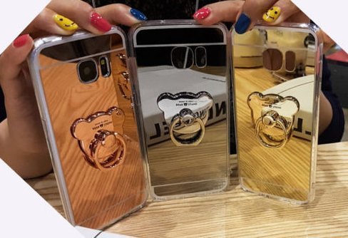 Glitter Case for iPhone 8,Leeook Creative Mirror Effect Diamond Shiny Soft Silicone Case Cover with Bear Ring Kickstand for iPhone 8/7 4.7"-Gold