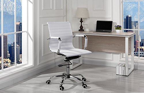 image for Sofamania Modern Ribbed Faux Leather Office Chair, Mid Back Ergonomic 