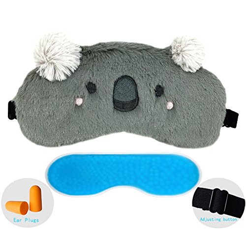 ZHICHEN Silk Eye Mask with Lovely 3D Cute Koala Face Soft & Lightweight Eye Bags Adjustable Sleep Blindfold for Kids Girls Adult for Yoga Travel Sleep Party [Inclulding Ice Bag, Ear Plugs] (Koala)