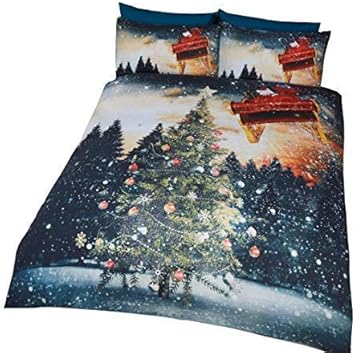 Sapin De Noël Boules Volant Père Noël Neige Nuit Bleu Double