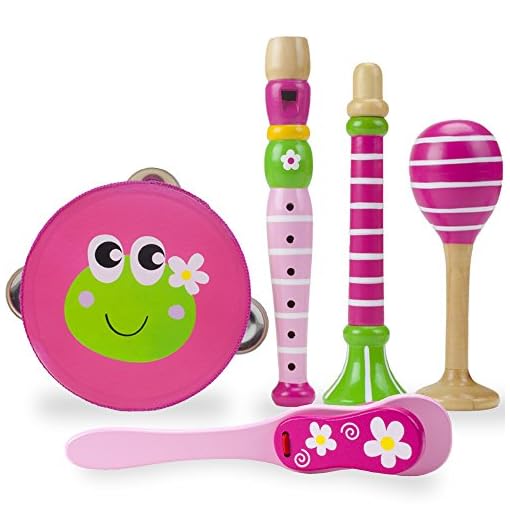 5-piece Wooden Instrument Set for Kids | Princess Pollywog's Music Makers Playset of Toddler Musical Instruments | Includes Tambourine, Maraca, Recorder, and Noisemakers | Child Size Learning Toys