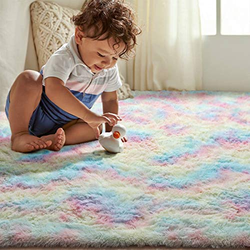 junovo Soft Rainbow Area Rugs for Girls Room, Fluffy Colorful Rugs Cute