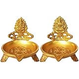 Metaldecor Decorative Oil Lamp with Ganesh Lakshmi Ji Brass Table Diya Showpiece| for Home Decoration (Yellow)