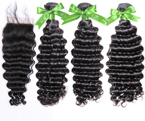 GoldRose Hair Grade 6A 1 Piece Lace Top Closure Free Part 14inch with 3Pcs Hair Bundles 16 16 16 inch,4 pcs/lot,Remy Virgin Brazilian Hair Extensions,Deep Wave