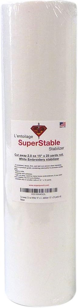 Superpunch Cutaway 2.0 Oz Stabilizer for Embroidery Machines - 15" x 25 Yards roll, White SuperStable Machine Embroidery Stabilizer Backing, Cut Away Embroidery Stabilizers, Made in USA