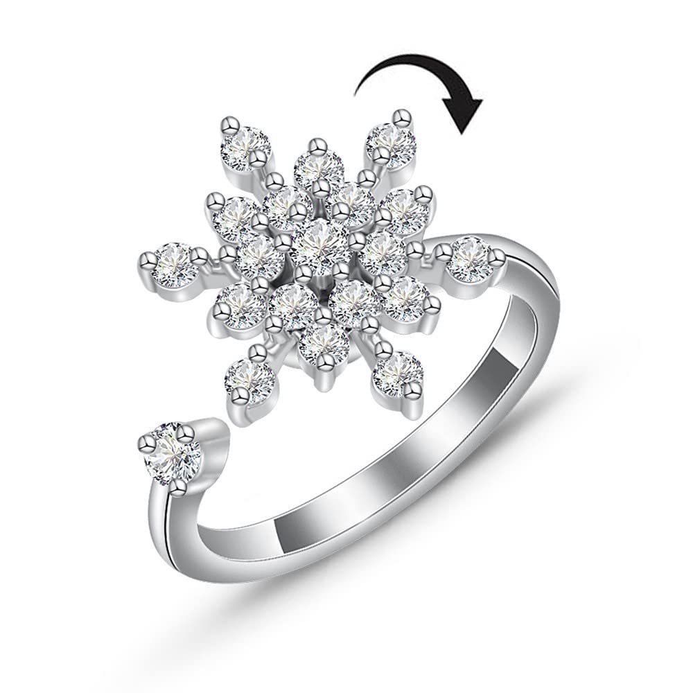 IMINI CZ Crystal Snowflake Wrap Open Band Rings for Women Girls Stress Relief Spinner Anxiety Tail Finger Coil Rotate Freely Inspirations Stacking Ring Adjustable Charm Birthday Xmas Jewelry Gifts