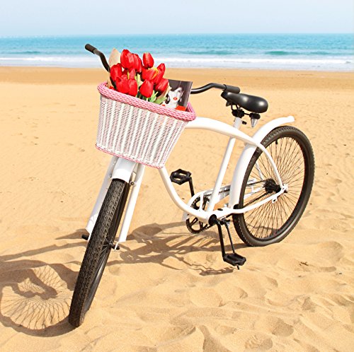 Colorbasket 00689 Rectangular Front Handle Bar Adult Bike Basket, All Weather, Water Resistant, Adjustable Leather Straps, Food-Contact Safe, White with Pink Trim