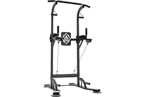 HTK Power Tower Station - Adjustable Pull Up & Dip Station for Home Gym - Freestanding Pull-Up Bar with 6-Level Backrest for Full Body Strength Training