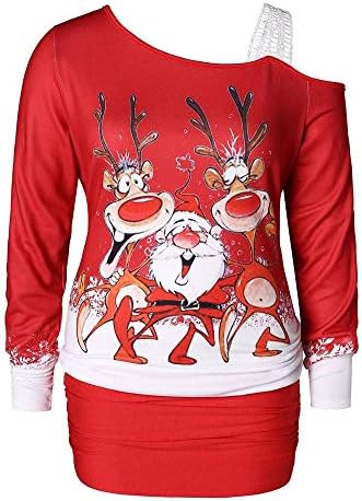 Christmas Women Dress Long Sleeve Cold Shoulder Xmas Santa Claus Deer Cocktail Party Mini Dress
