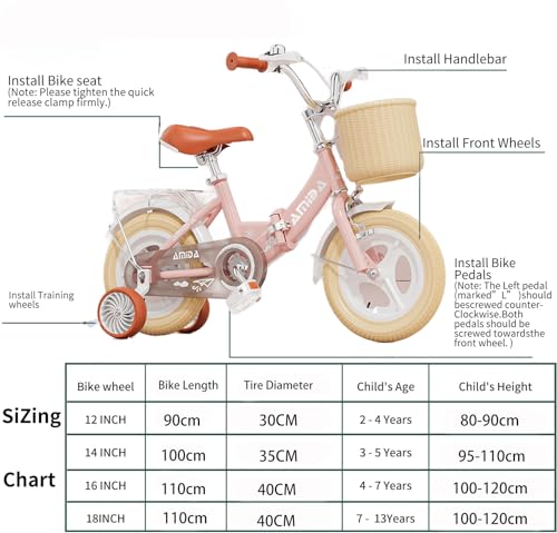 AM ANNA Girls Bike with Basket for 3-12 Years Old Kids, 12 14 16 18 Inch Bicycle with Training Wheels, Basket, Adjustable Seat & Handlebar, Hand & Coaster Brakes, Bell for Girl Boy (Pink, 12'')