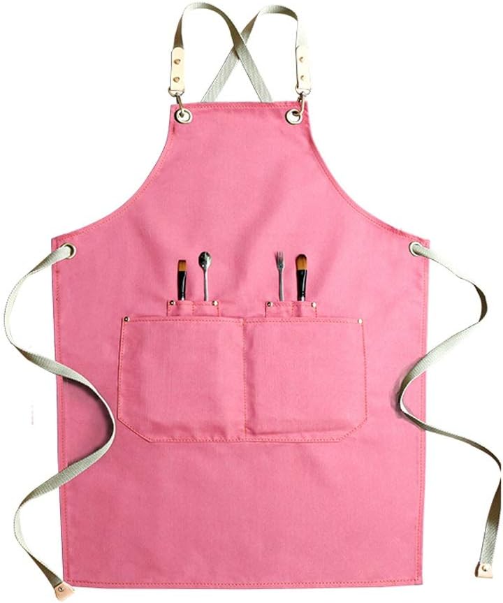 Goods Chef Works Apron With Tool Pockets Canvas Work Aprons Cross Back Long Straps Waterproof Aprons Apron for Kitchen BBQ (color : Pink, Size : B)
