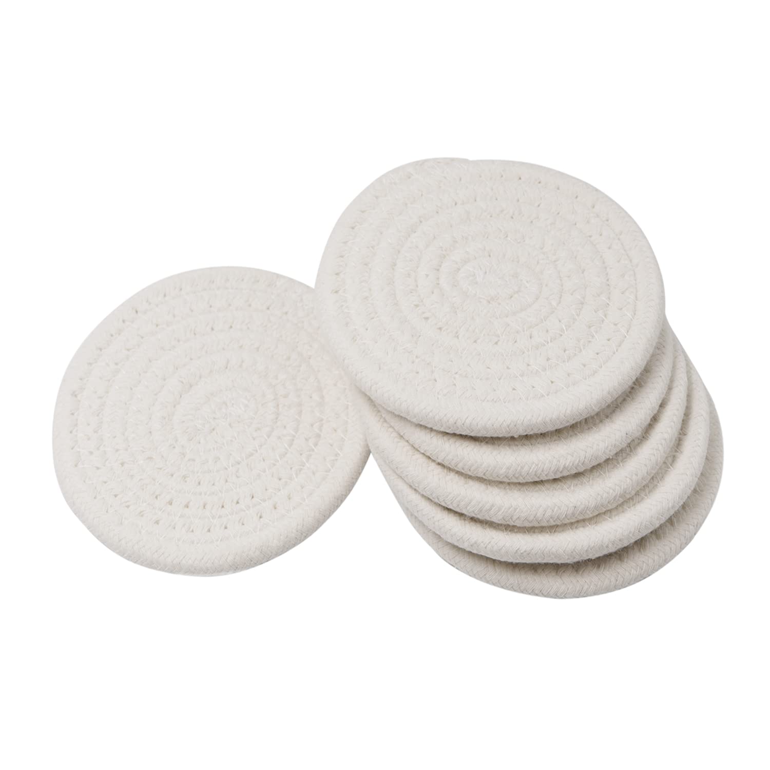 Anzirose Handmade Round Cotton Woven Coasters Braided Cup WAD Absorbent Woven Hot Pads Mats for Drink Coffee Cup Home Kitchen Heat-Resistant Reusable Non-Slip - Set of 6 (White)