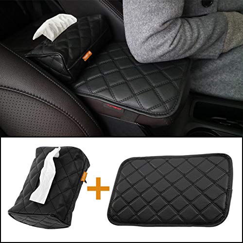 AMEIQ Car Armrest Cushion Pad, Tissue Holder and Paper Napkin Box, Center Console Mat, Seat Box Cover Protector, PU Leather Universal Fit, Black
