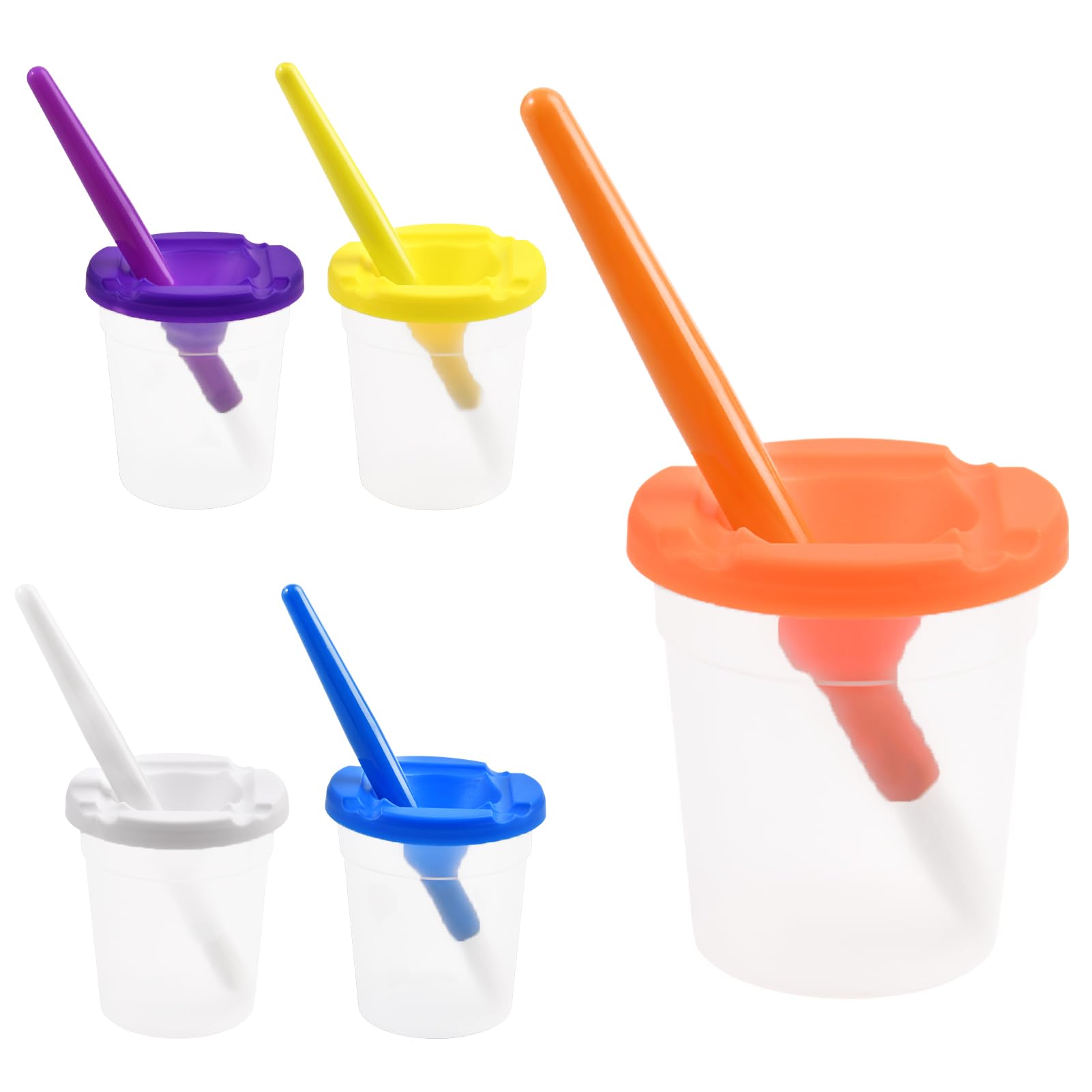 LEONTOOL 5 Piece Children's No Spill Paint Cups with Lids with 5 Piece Large Round Brush Set for Art Classes Lessons, Small Paints Projects, Painting Parties, Kids Art Craft Painting Class