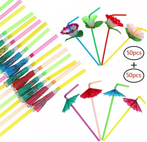 Tomnk 100pcs Disposable Bendable Drinking Straws (50pcs Flower + 50pcs Umbrella)
