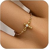 IPEPPY 925 Sterling Silver Tiny Cross Link Chain Fidget Rings with Dangle Bead for Women Dainty 14k Gold Plated Small CZ Adjustable Ring Purity Christian Religious Ring Jewelry Gifts to Daughter