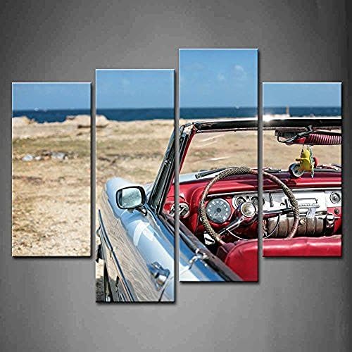 TMD Shop 4 Panel Wall Art Red Cuban Vintage Car Parked On The Seacost In Havana Red And Gray Car Painting Pictures Print On Canvas Car The Picture For Home Modern Decoration piece