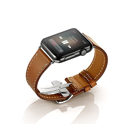 Apple Watch Band, Elobeth for Apple iWatch Band Strap Premium Genuine Leather Watch Band Deployment Buckle with Adapter for Apple Iwatch Accessories (42mm Brown)