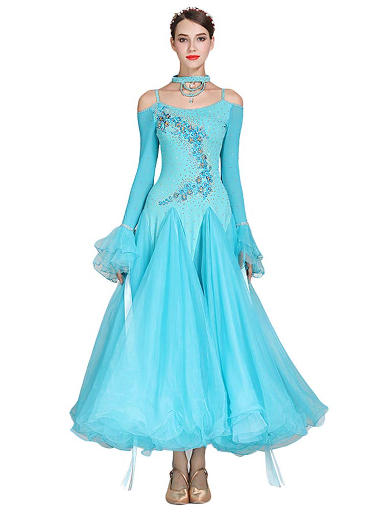 レディース Zkaka ラテンダンス 練習着 演出服 ワンピース 発表会 社交ダンス モダンダンス レイクブルー B07r44vh64 Small ラインストーン飾り レッスン着 長袖 Small レイクブルー 競技用 社交ダンス 史上最も激安