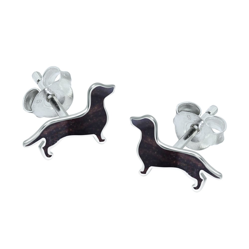 Brown Dachshund Dog Earrings .925 Sterling Silver Sausage Dog
