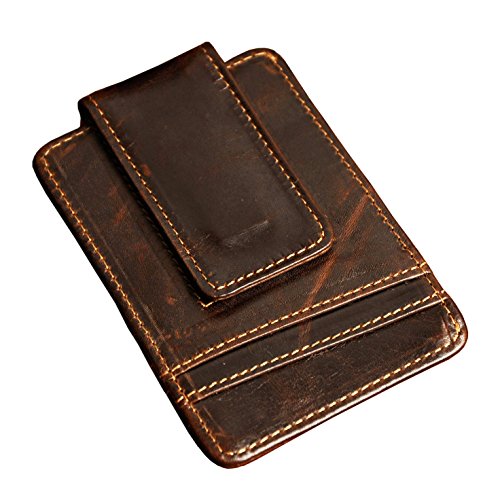 Le'aokuu Mens Genuine Leather Cowhide Magnet Money Clip Credit Case Case Holder Slim Wallet (The Coffee)