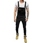 LONGBIDA Men's Denim Bib Overalls Fashion Slim Fit Jumpsuit with Pockets