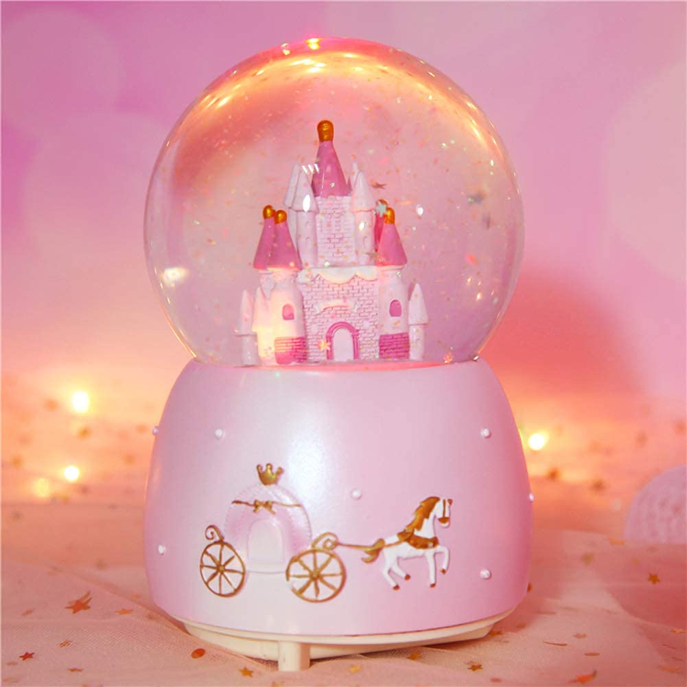 Musical Snow Globe, 3D Rotating Castle Crystal Ball Music Box With Dreamy Led Illuminated &7 Sweet Songs Shatterproof Snow Globes Desktop Ornament Home Decor For Girls Kids 3.1x4.7 inch