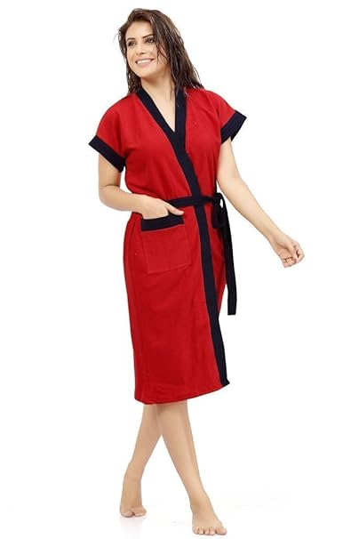 Superior FeelBlue Cotton Double Shaded Bathrobe (Red and Navy Blue, Free Size)