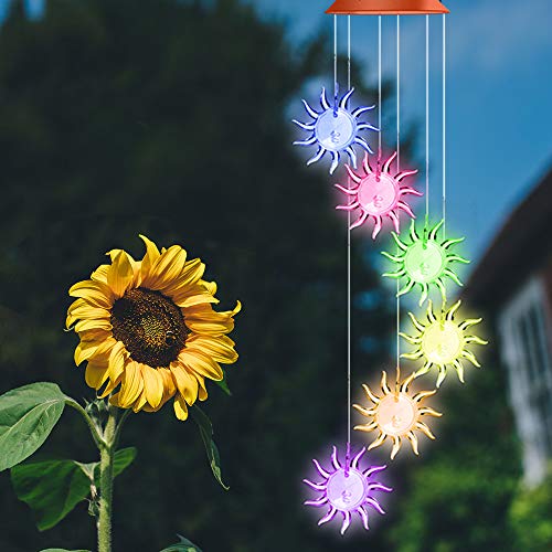 SIX FOXES Sunflowers Solar Powered Wind Chime Outdoor, Color-Changing Mobile Wind Chime Hanging Lights, Romantic DÃ©cor Solar Lamp for Porch/Patio/Garden/Yard, Gifts idea for Mom, Grandma