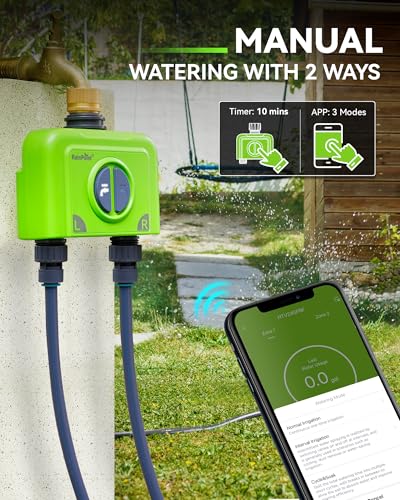 RAINPOINT WiFi Garden Hose Timer 2 Zone, Smart Water Timers for Irrigation, Sprinkler Timer via APP/Voice Control, Built-in Flow Meter, Based on Weather/Soil, Automatic Watering System (Brass Inlet)