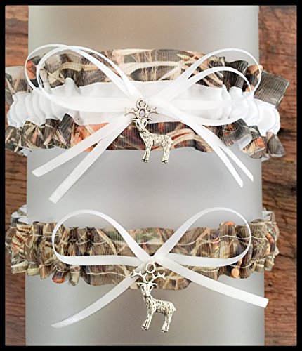 Sexy Camouflage White Satin Camo Wedding Bridal Garter SET - Deer Charm
