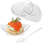 TOFLEN 100ct Mini Dessert Plates with Tasting Spoons, 3-1/8 x 2-5/8 Inches Small Reusable Clear Plastic Party Serving Hors D'oeuvres Plates for Appetizers (Leaf Shape)