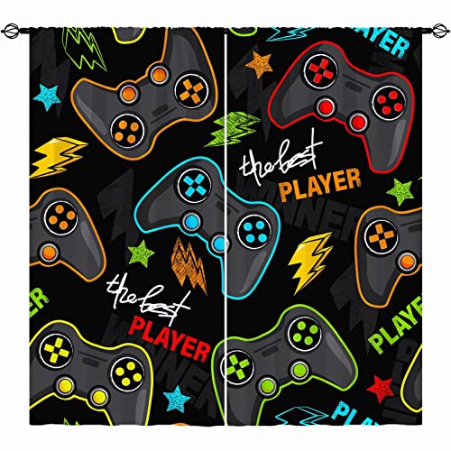 YUANZU Boys Kids Gaming Curtains Rod Pocket Gamer Gamepad Abstract Video Game Player Joystick Print Pattern Window Drapes for Man Teen Youth Nursery Baby Bedroom Playroom W42 x L84 Inch 2 Panels