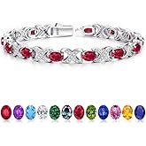 Iefil Tennis Bracelets for Women, Oval Birthstone Tennis Bracelets for Women Wife Unique X O Design Fine Jewelry Anniversary Birthday Gift 925 Sterling Silver Birthstone Jewelry for Mom Girlfriend