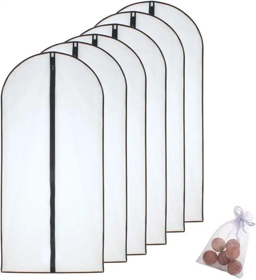 HomeClean Moth Proof Garment Bags 60 x 100cm(24'' x 40'') Black Side Breathable Clear Full Zipper Bags with Cedar Balls for Clothes Storage (Pack of 6)